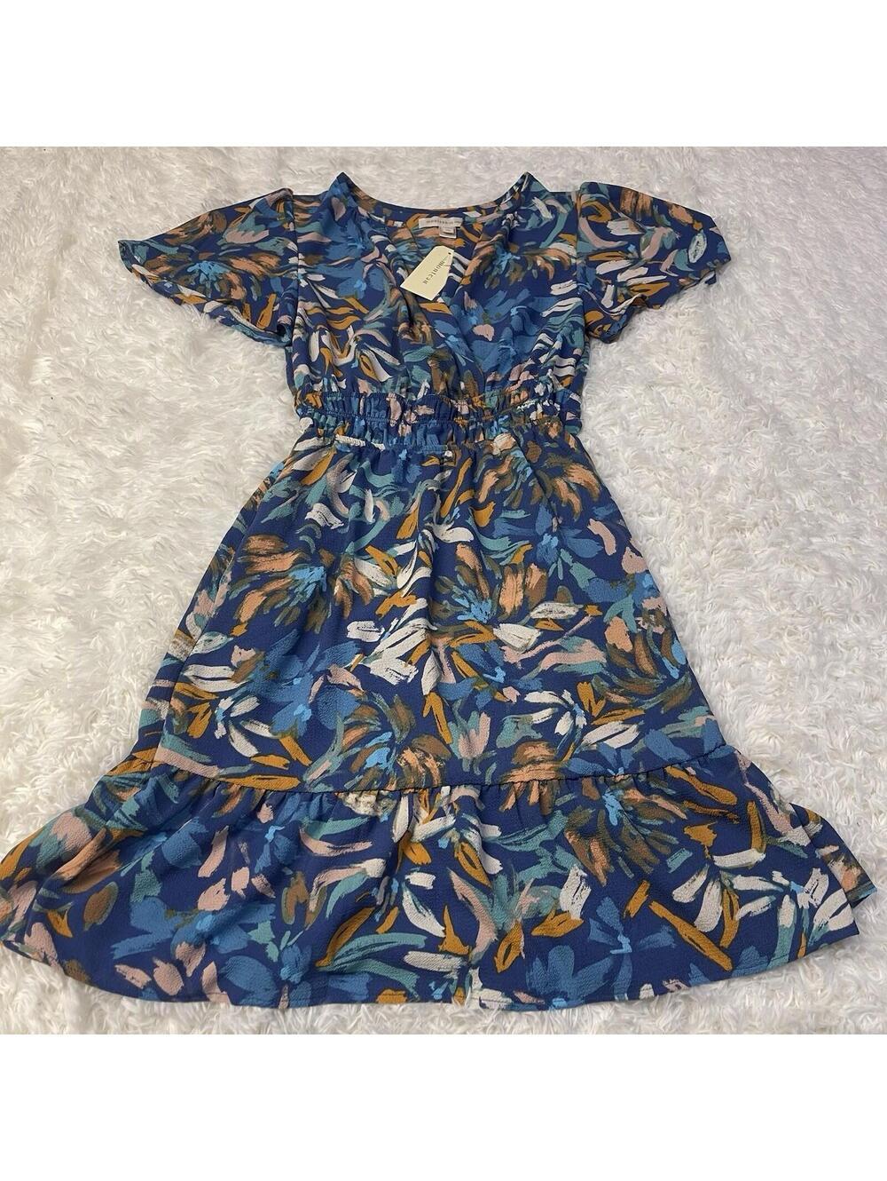 Monteau blue dress ruched waist pockets XS NWT